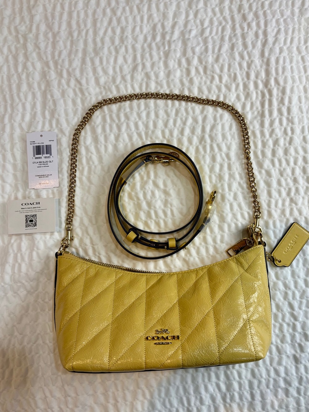 NWT Coach Caitlin Yellow Quilted Leather Shoulder Bag w Detachable Chain & Strap